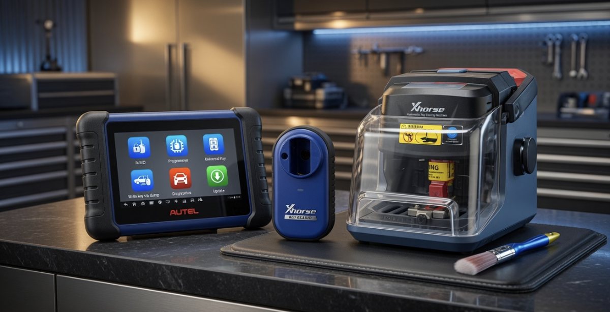 Autel diagnostic programmer and Xhorse Dolphin key-cutting machine — professional locksmith equipment